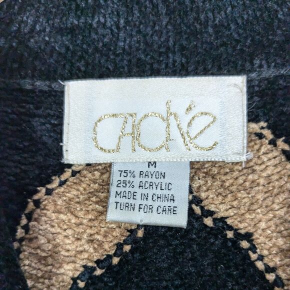 Vintage Cache Cardigan Sweater Full Zip Animal Print Velour Mob Wife Black Tan M - Picture 10 of 12